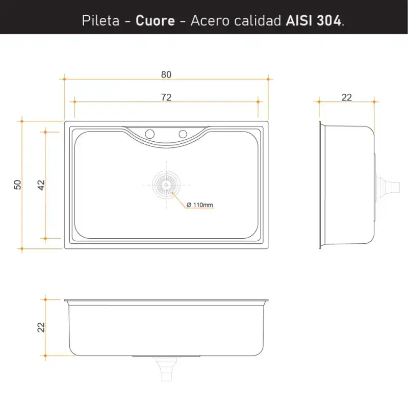 Plano técnico de Bacha cuore acero 304