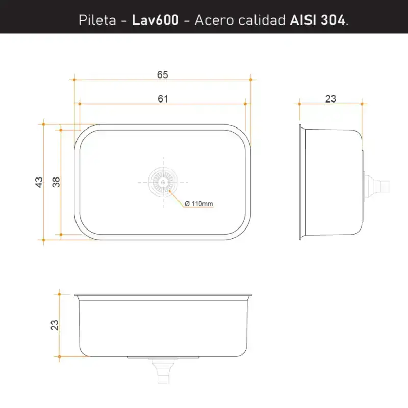 Plano técnico de Bacha lav 600 acero 304