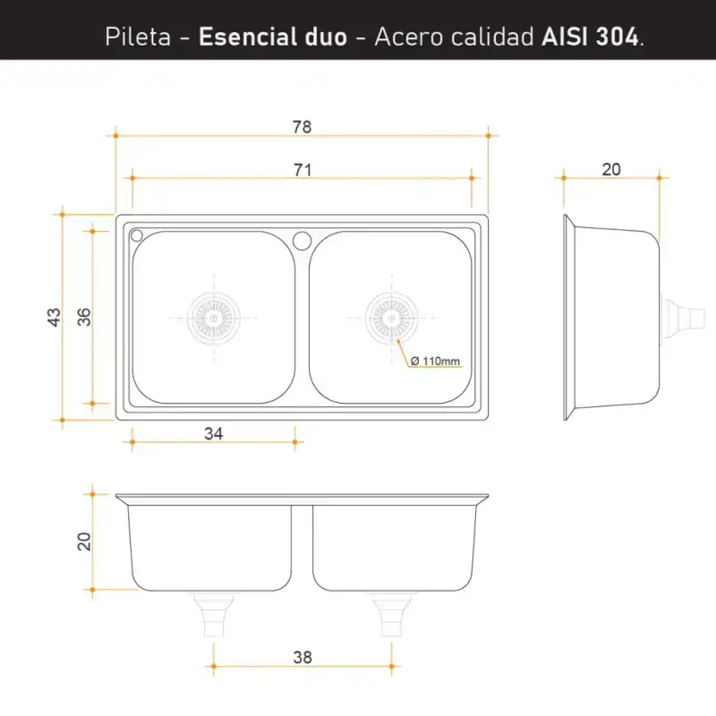 Plano técnico de Esencial duo acero 304