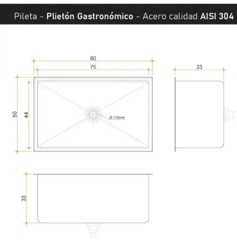 Plano técnico de Piletón gastronómico industrial acero 304